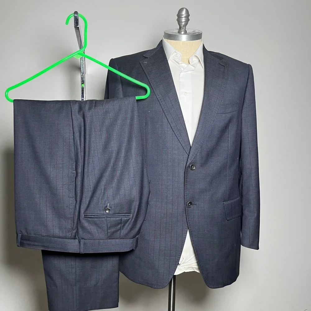 Mark Scott Bespoke Suit Mens 44R 38W Charcoal Grey Red Pinstripe Wool 2-Button